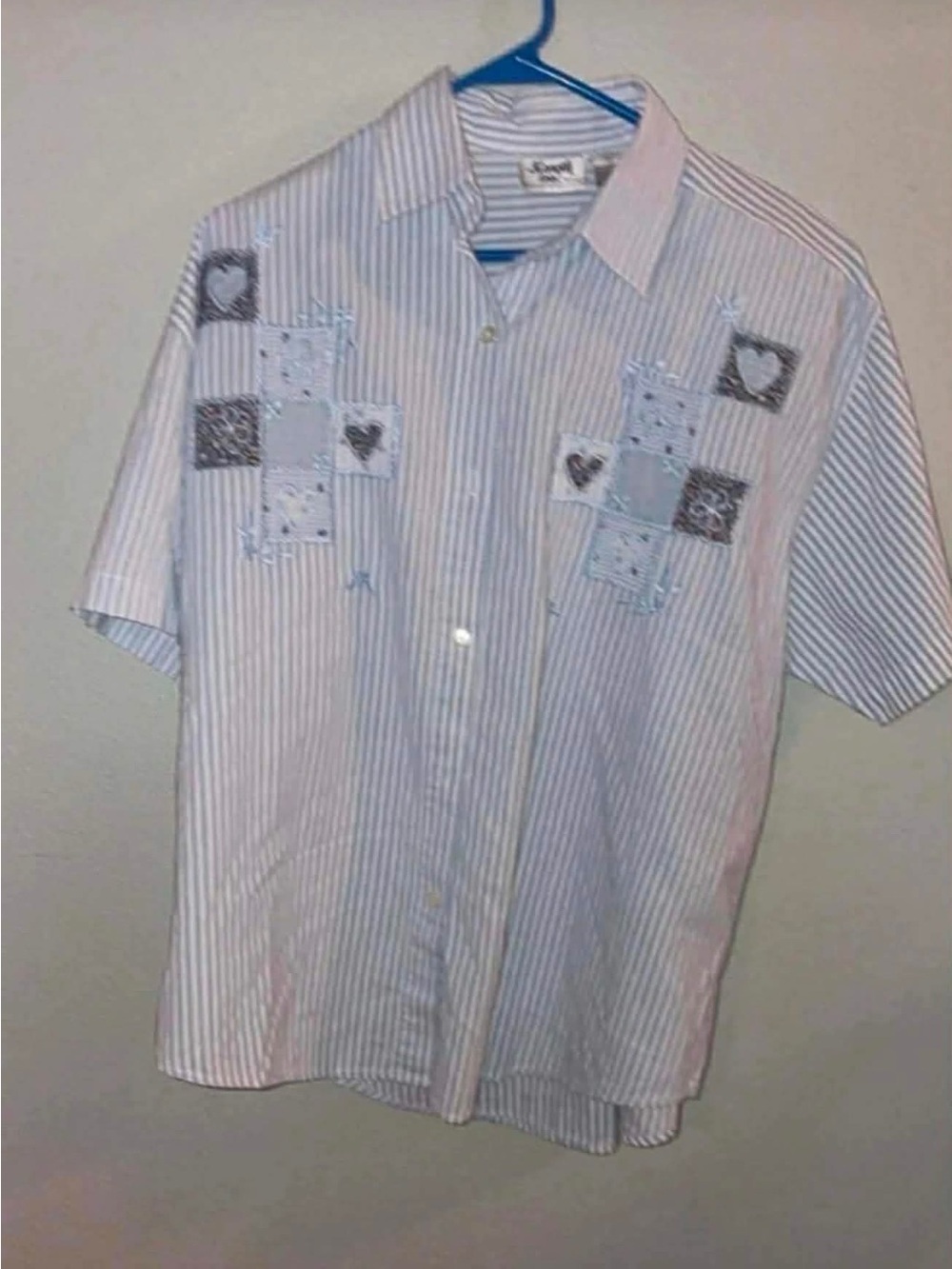 Light Blue & White Striped Button-Down Shirt with Heart Patchwork